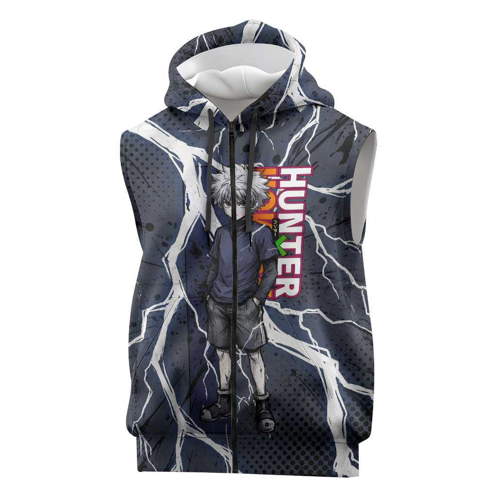 Killua Zoldyck Hunter x Hunter Lightning Aura Design Sleeveless Zip Hoodie with Transformation Artwork and Anime Style Graphics - The Mazicc