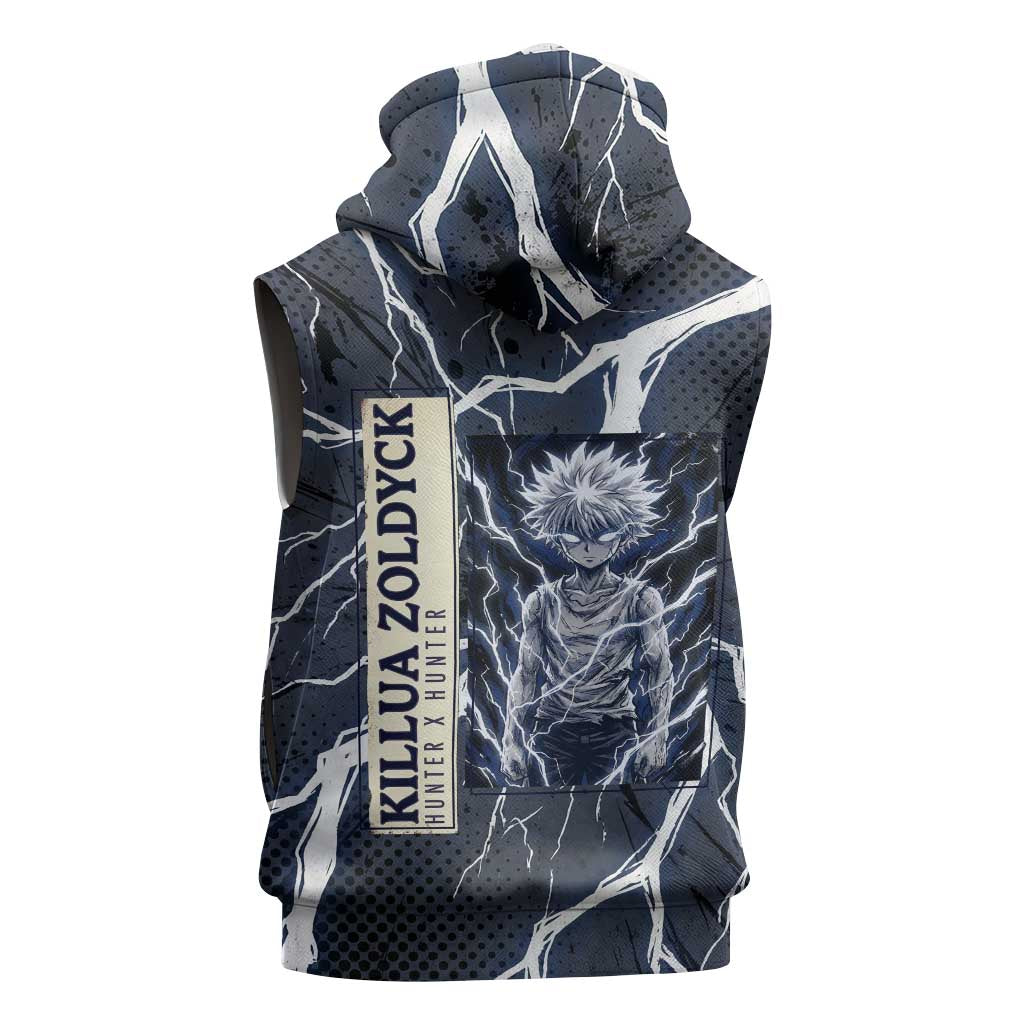 Killua Zoldyck Hunter x Hunter Lightning Aura Design Sleeveless Zip Hoodie with Transformation Artwork and Anime Style Graphics - The Mazicc