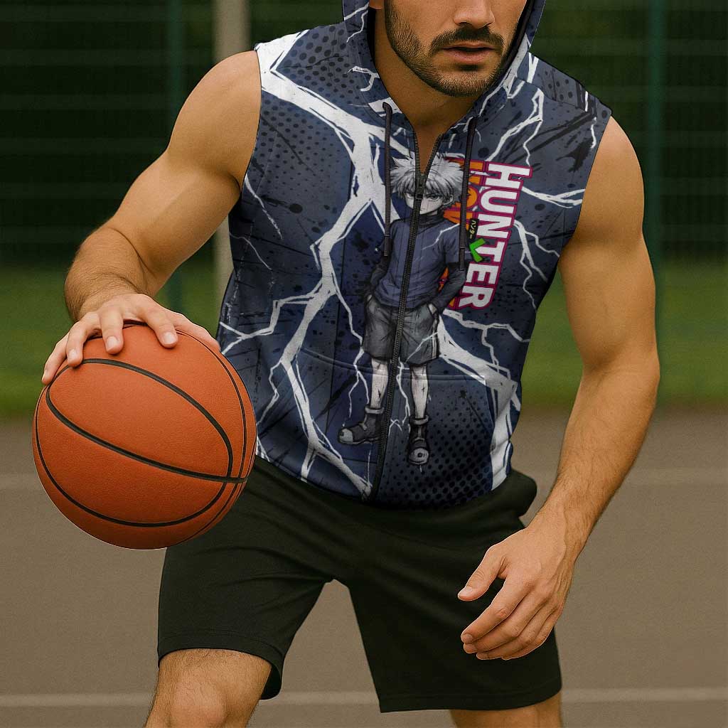 Killua Zoldyck Hunter x Hunter Lightning Aura Design Sleeveless Zip Hoodie with Transformation Artwork and Anime Style Graphics - The Mazicc