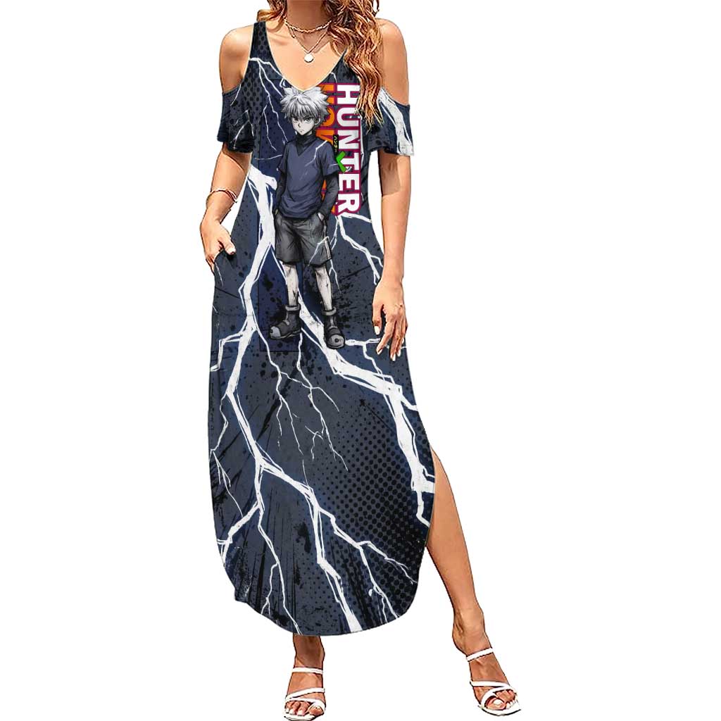 Killua Zoldyck Hunter x Hunter Lightning Aura Design Summer Maxi Dress with Transformation Artwork and Anime Style Graphics - The Mazicc