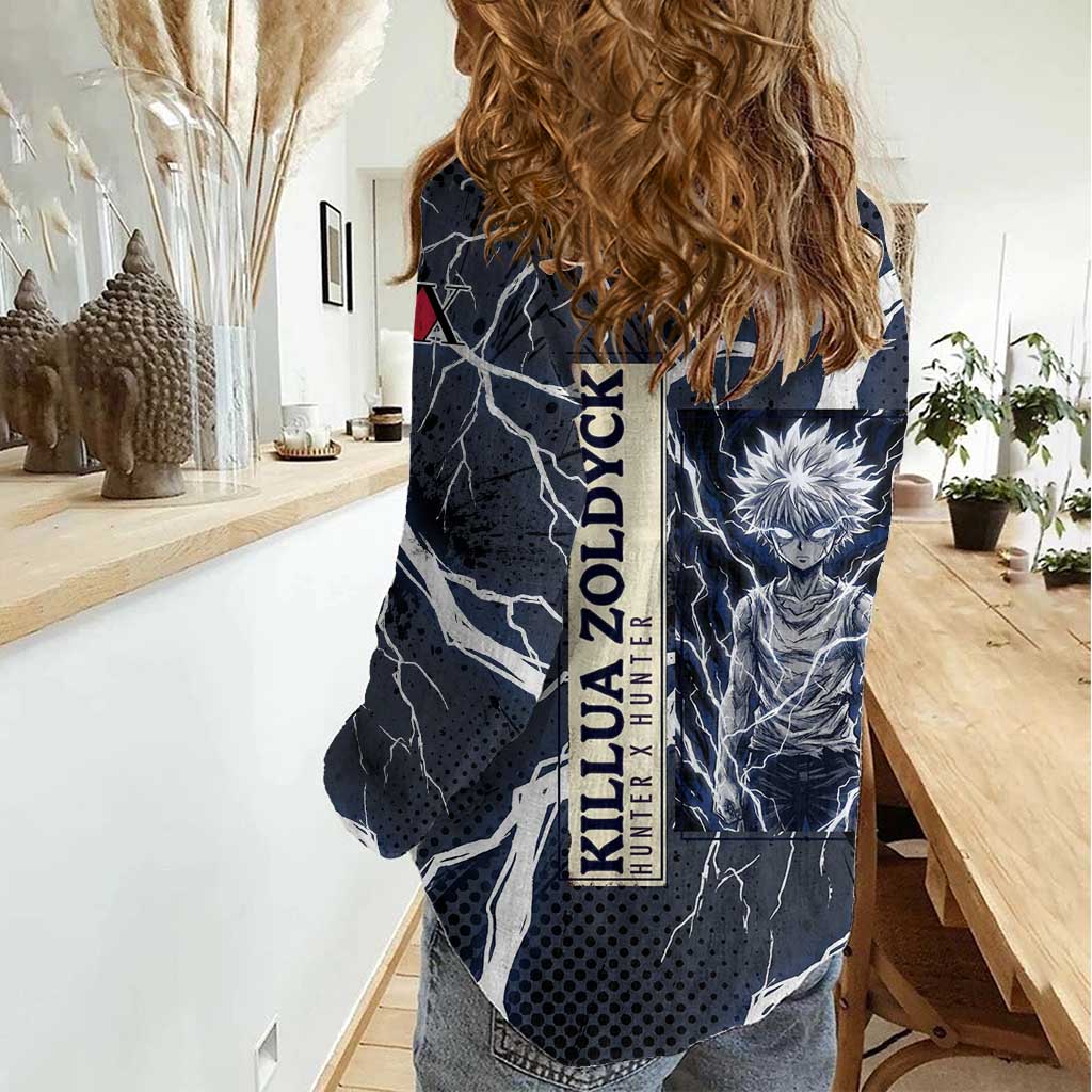 Killua Zoldyck Hunter x Hunter Lightning Aura Design Women Casual Shirt with Transformation Artwork and Anime Style Graphics - The Mazicc