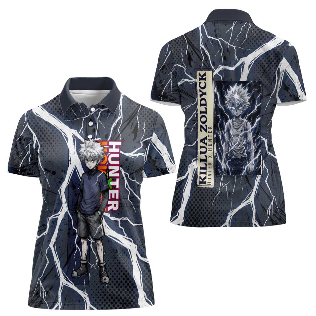 Killua Zoldyck Hunter x Hunter Lightning Aura Design Women Polo Shirt with Transformation Artwork and Anime Style Graphics - The Mazicc