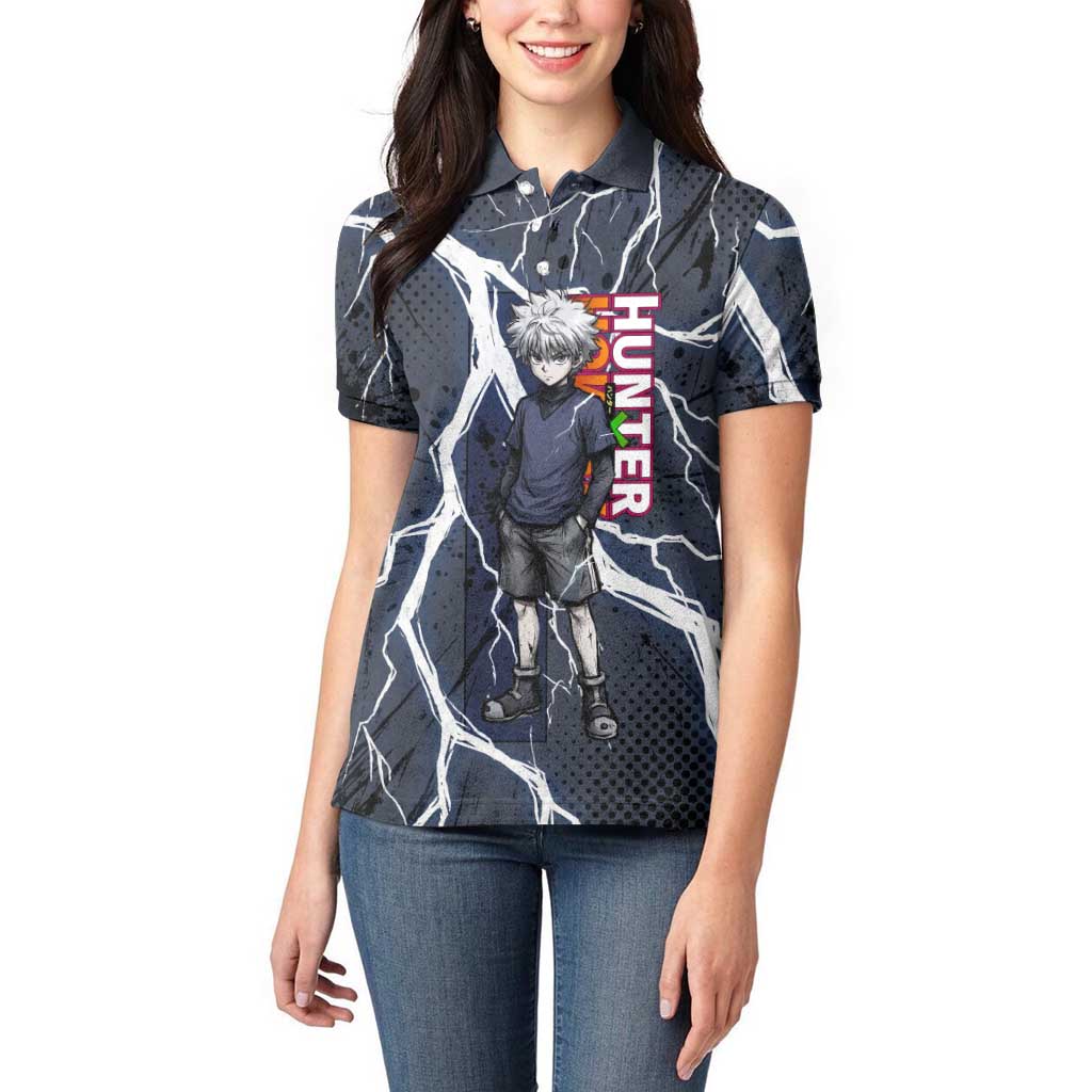 Killua Zoldyck Hunter x Hunter Lightning Aura Design Women Polo Shirt with Transformation Artwork and Anime Style Graphics - The Mazicc