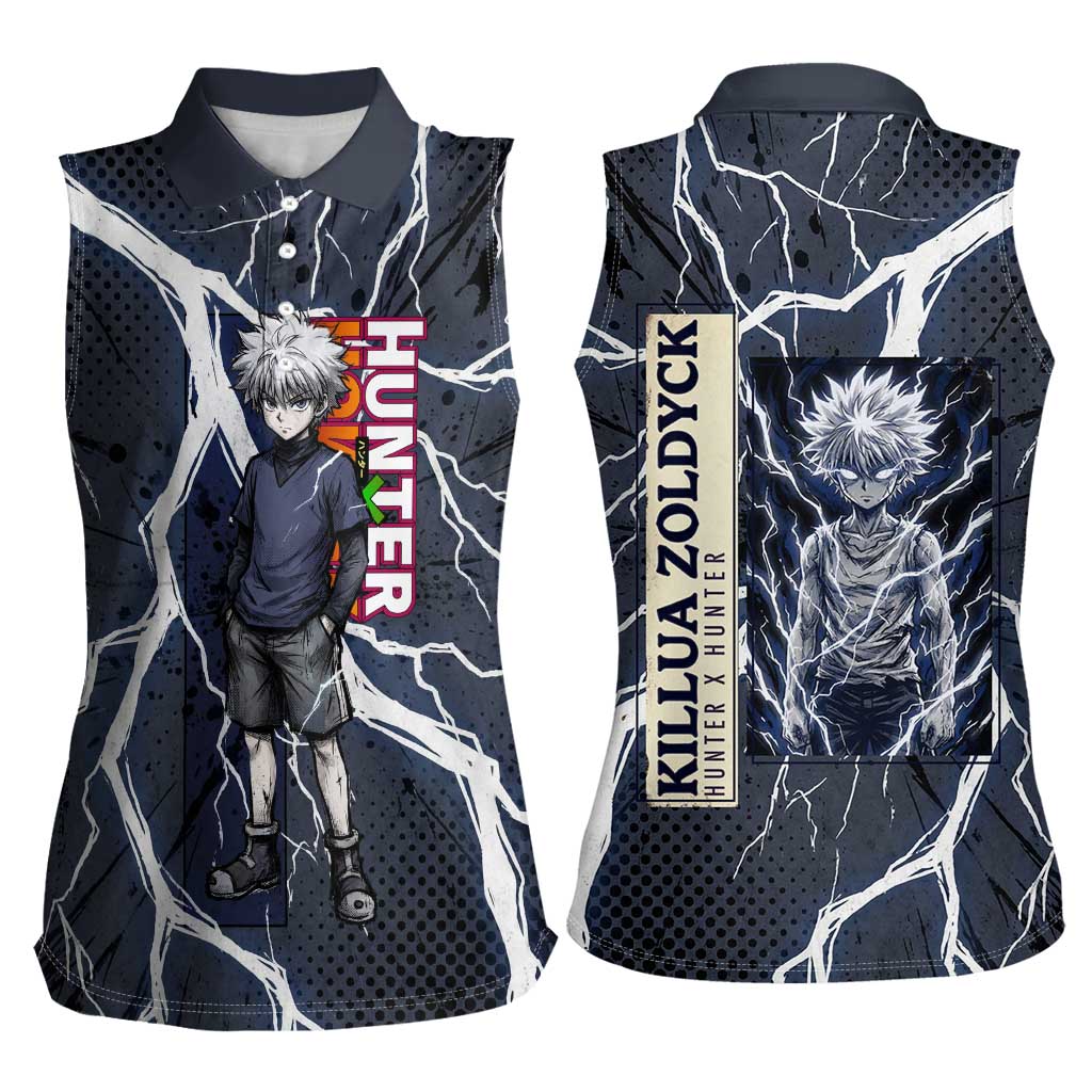 Killua Zoldyck Hunter x Hunter Lightning Aura Design Women Sleeveless Polo Shirt with Transformation Artwork and Anime Style Graphics - The Mazicc
