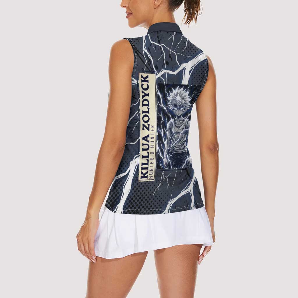 Killua Zoldyck Hunter x Hunter Lightning Aura Design Women Sleeveless Polo Shirt with Transformation Artwork and Anime Style Graphics - The Mazicc
