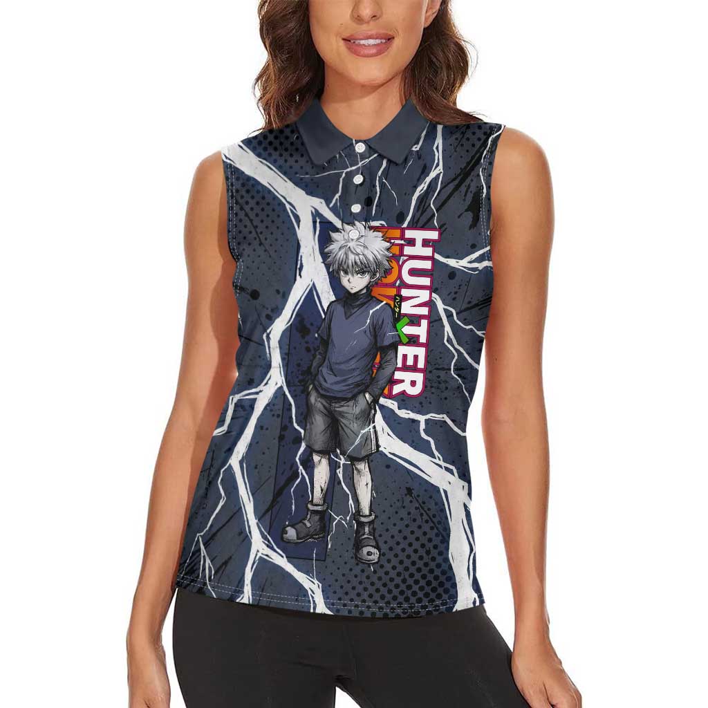 Killua Zoldyck Hunter x Hunter Lightning Aura Design Women Sleeveless Polo Shirt with Transformation Artwork and Anime Style Graphics - The Mazicc