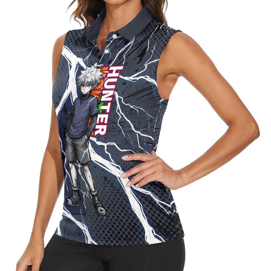 Killua Zoldyck Hunter x Hunter Lightning Aura Design Women Sleeveless Polo Shirt with Transformation Artwork and Anime Style Graphics - The Mazicc