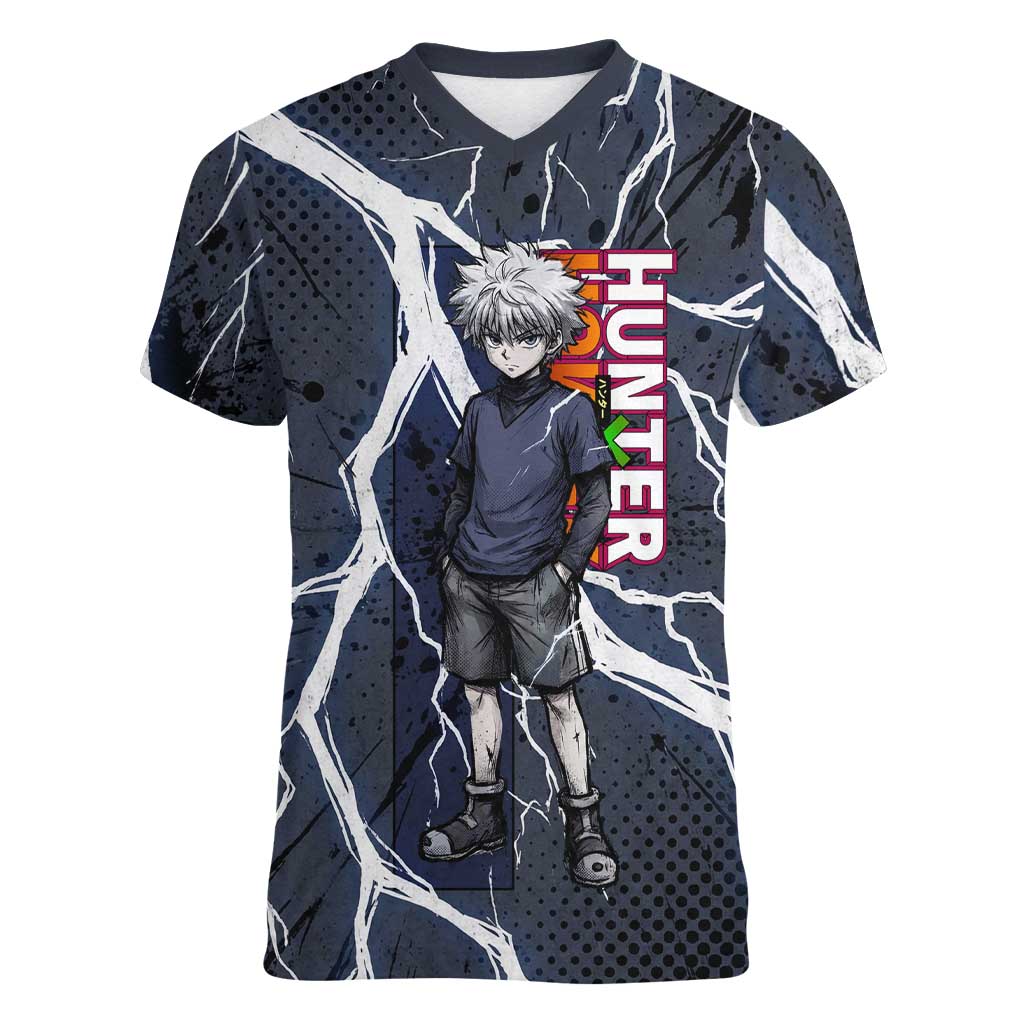 Killua Zoldyck Hunter x Hunter Lightning Aura Design Women V-Neck T-Shirt with Transformation Artwork and Anime Style Graphics - The Mazicc