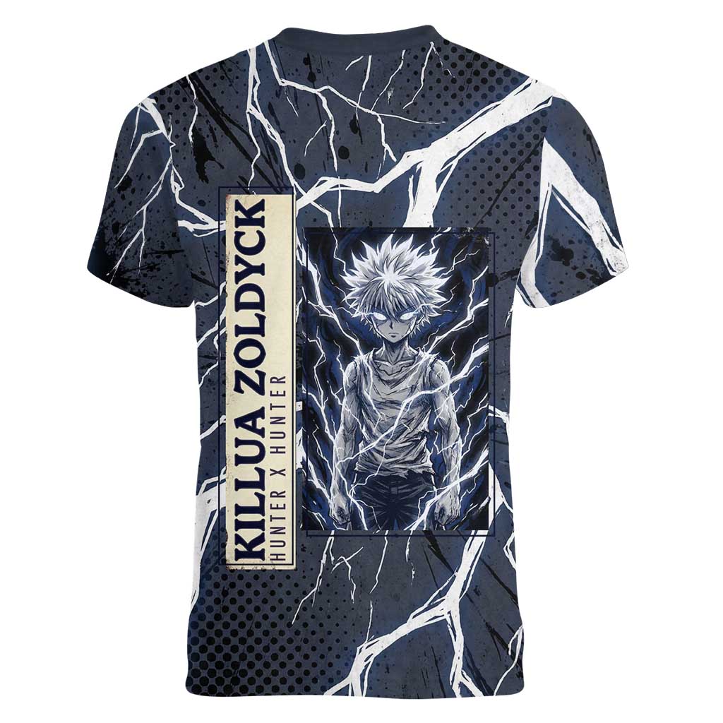Killua Zoldyck Hunter x Hunter Lightning Aura Design Women V-Neck T-Shirt with Transformation Artwork and Anime Style Graphics - The Mazicc