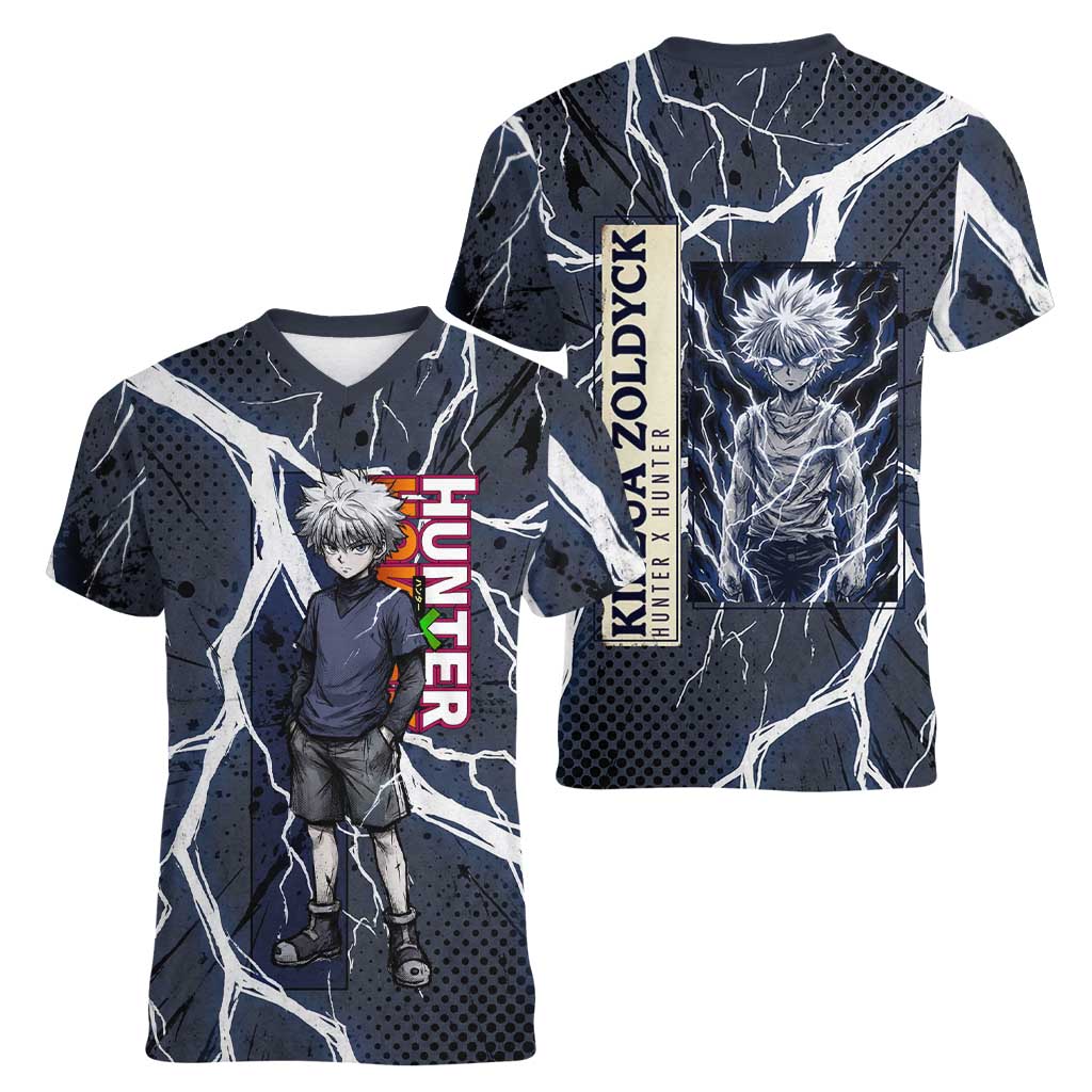 Killua Zoldyck Hunter x Hunter Lightning Aura Design Women V-Neck T-Shirt with Transformation Artwork and Anime Style Graphics - The Mazicc