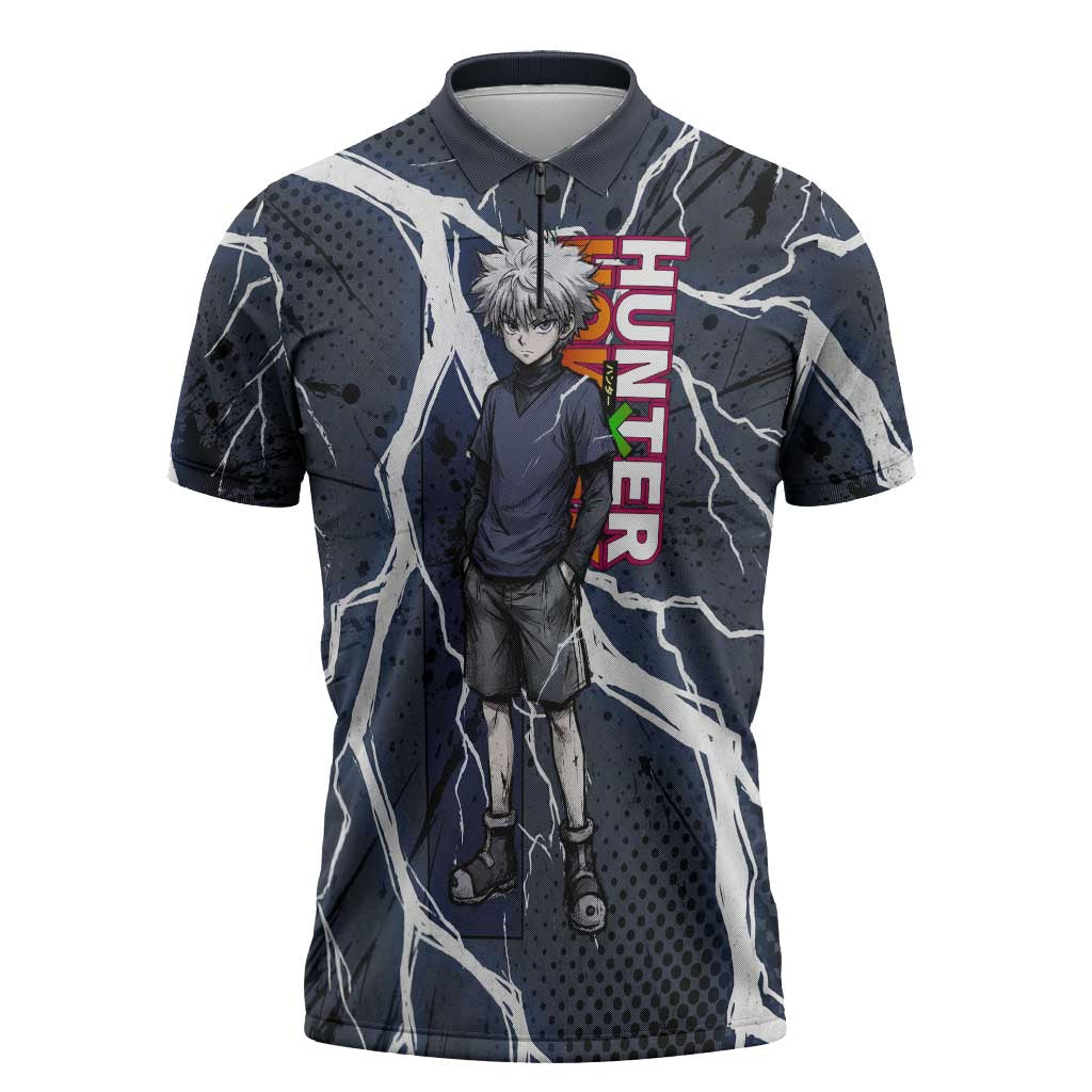 Killua Zoldyck Hunter x Hunter Lightning Aura Design Zipper Polo Shirt with Transformation Artwork and Anime Style Graphics - The Mazicc