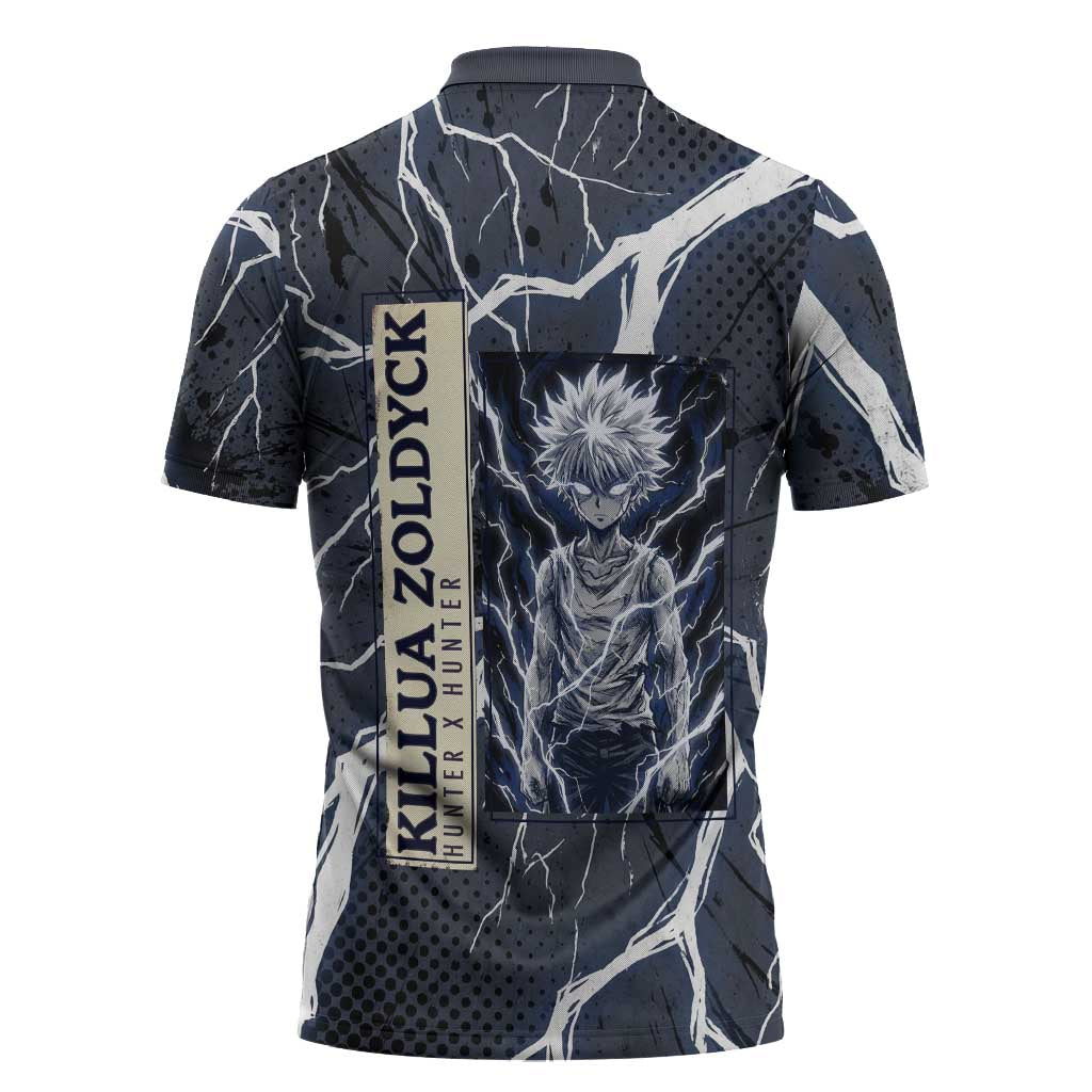 Killua Zoldyck Hunter x Hunter Lightning Aura Design Zipper Polo Shirt with Transformation Artwork and Anime Style Graphics - The Mazicc