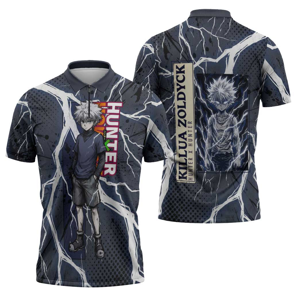 Killua Zoldyck Hunter x Hunter Lightning Aura Design Zipper Polo Shirt with Transformation Artwork and Anime Style Graphics - The Mazicc