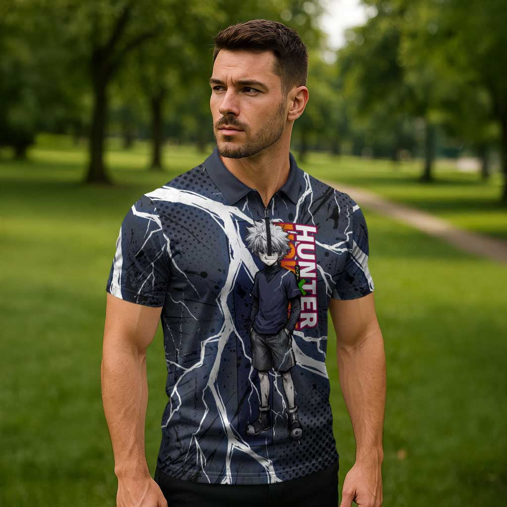 Killua Zoldyck Hunter x Hunter Lightning Aura Design Zipper Polo Shirt with Transformation Artwork and Anime Style Graphics - The Mazicc
