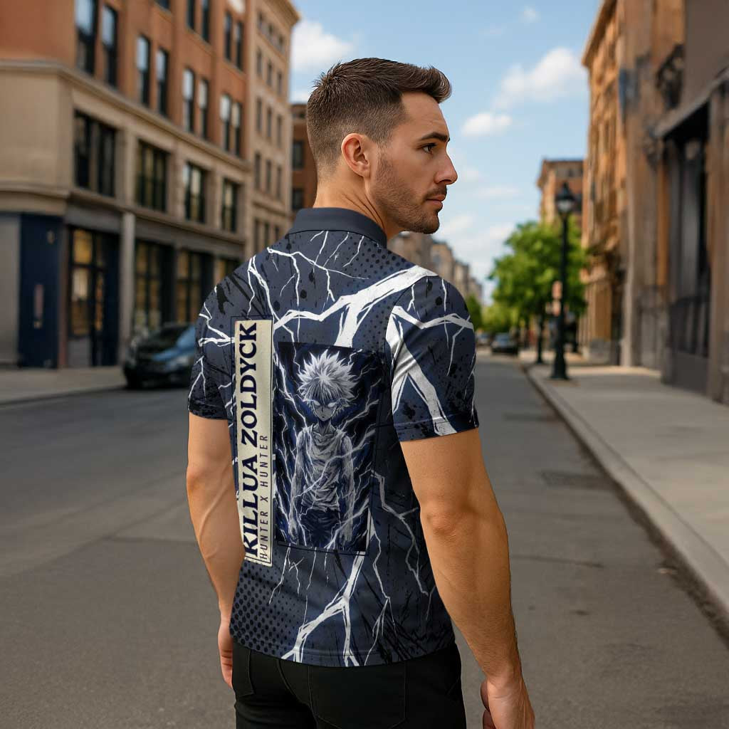 Killua Zoldyck Hunter x Hunter Lightning Aura Design Zipper Polo Shirt with Transformation Artwork and Anime Style Graphics - The Mazicc