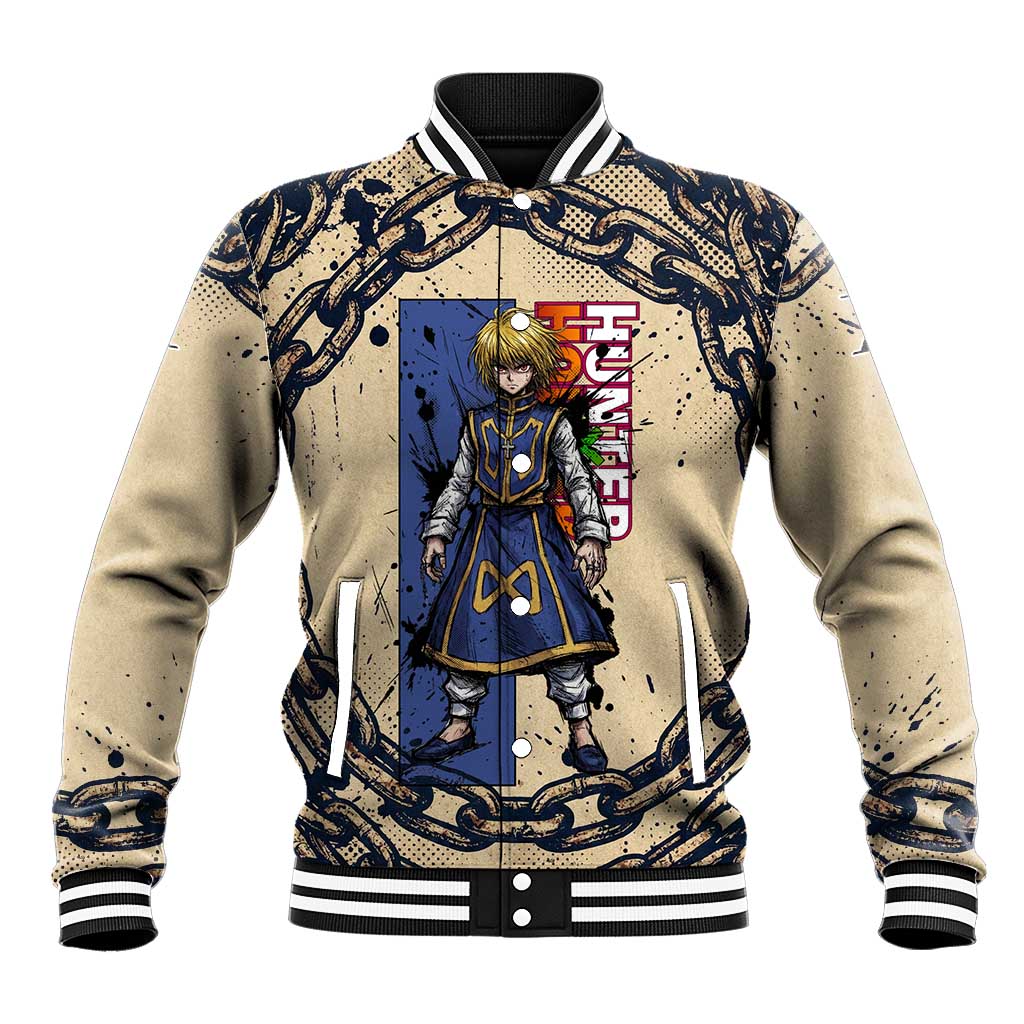 Kurapika Hunter x Hunter Chain Theme Baseball Jacket with Scarlet Eyes and Vintage Anime Artwork Design - The Mazicc
