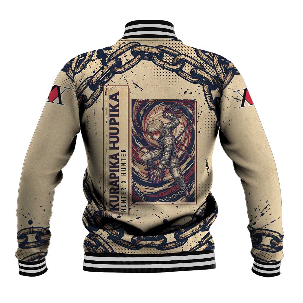 Kurapika Hunter x Hunter Chain Theme Baseball Jacket with Scarlet Eyes and Vintage Anime Artwork Design - The Mazicc