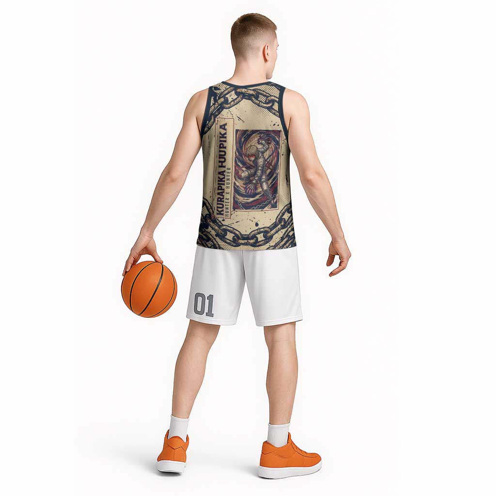 Kurapika Hunter x Hunter Chain Theme Basketball Jersey with Scarlet Eyes and Vintage Anime Artwork Design - The Mazicc
