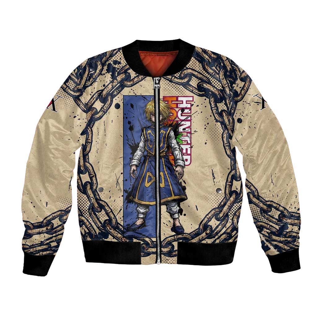 Kurapika Hunter x Hunter Chain Theme Bomber Jacket with Scarlet Eyes and Vintage Anime Artwork Design - The Mazicc