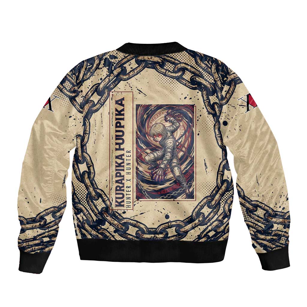 Kurapika Hunter x Hunter Chain Theme Bomber Jacket with Scarlet Eyes and Vintage Anime Artwork Design - The Mazicc