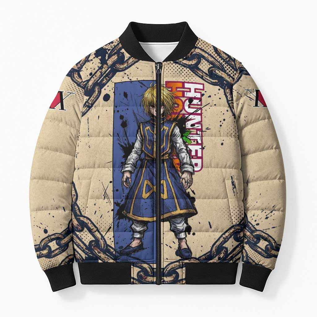 Kurapika Hunter x Hunter Chain Theme Bomber Puffer Jacket with Scarlet Eyes and Vintage Anime Artwork Design - The Mazicc