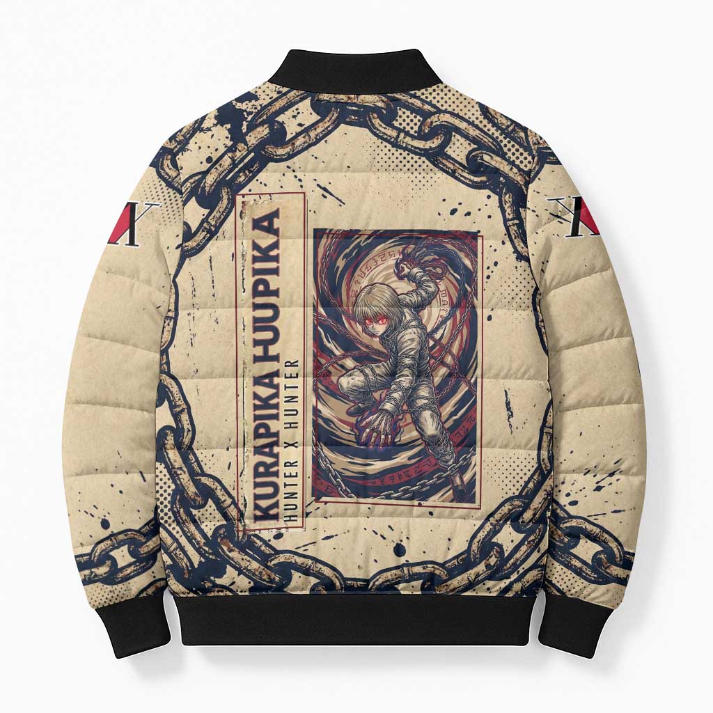 Kurapika Hunter x Hunter Chain Theme Bomber Puffer Jacket with Scarlet Eyes and Vintage Anime Artwork Design - The Mazicc