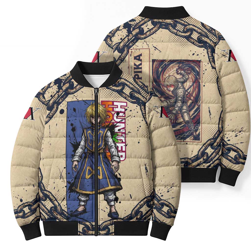 Kurapika Hunter x Hunter Chain Theme Bomber Puffer Jacket with Scarlet Eyes and Vintage Anime Artwork Design - The Mazicc