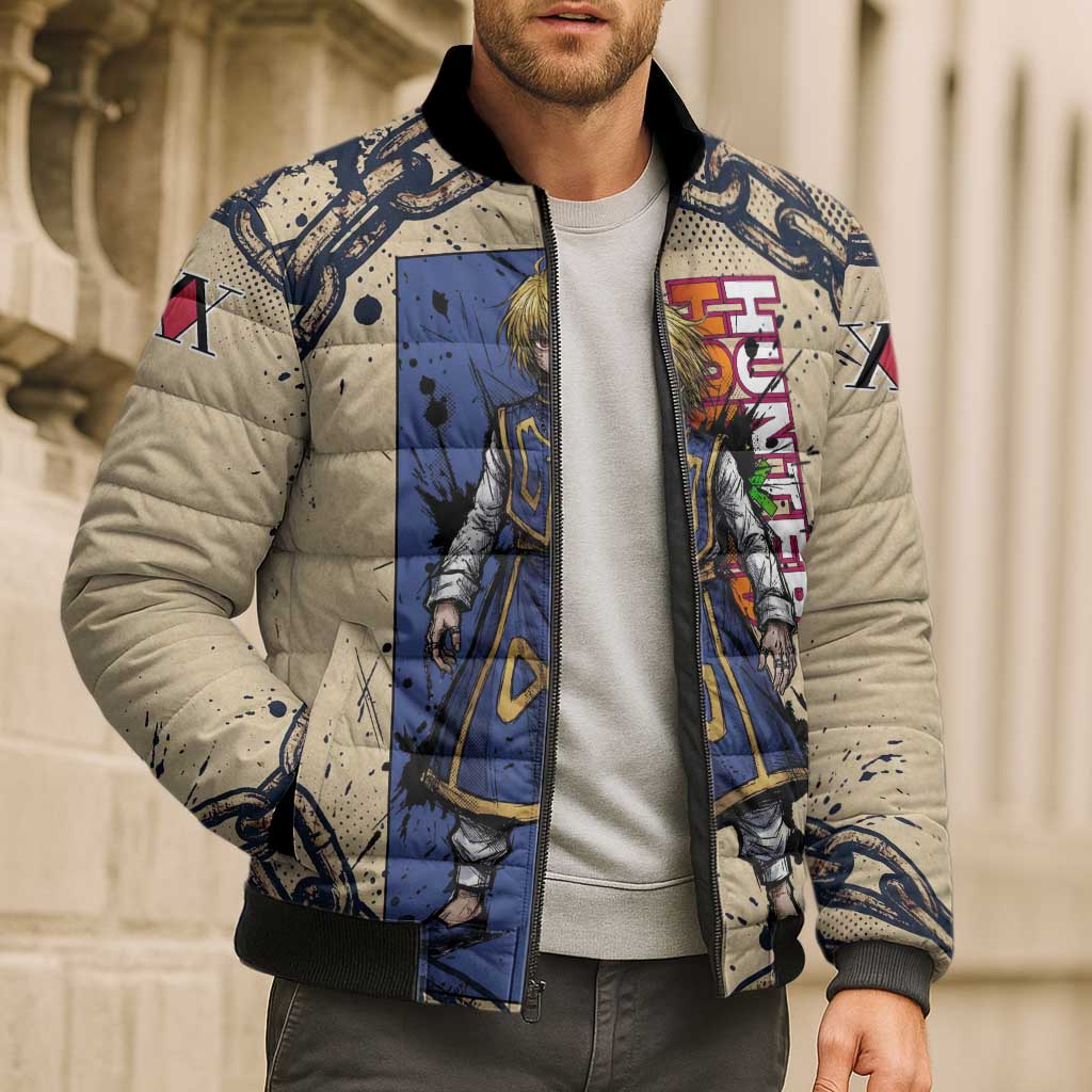 Kurapika Hunter x Hunter Chain Theme Bomber Puffer Jacket with Scarlet Eyes and Vintage Anime Artwork Design - The Mazicc