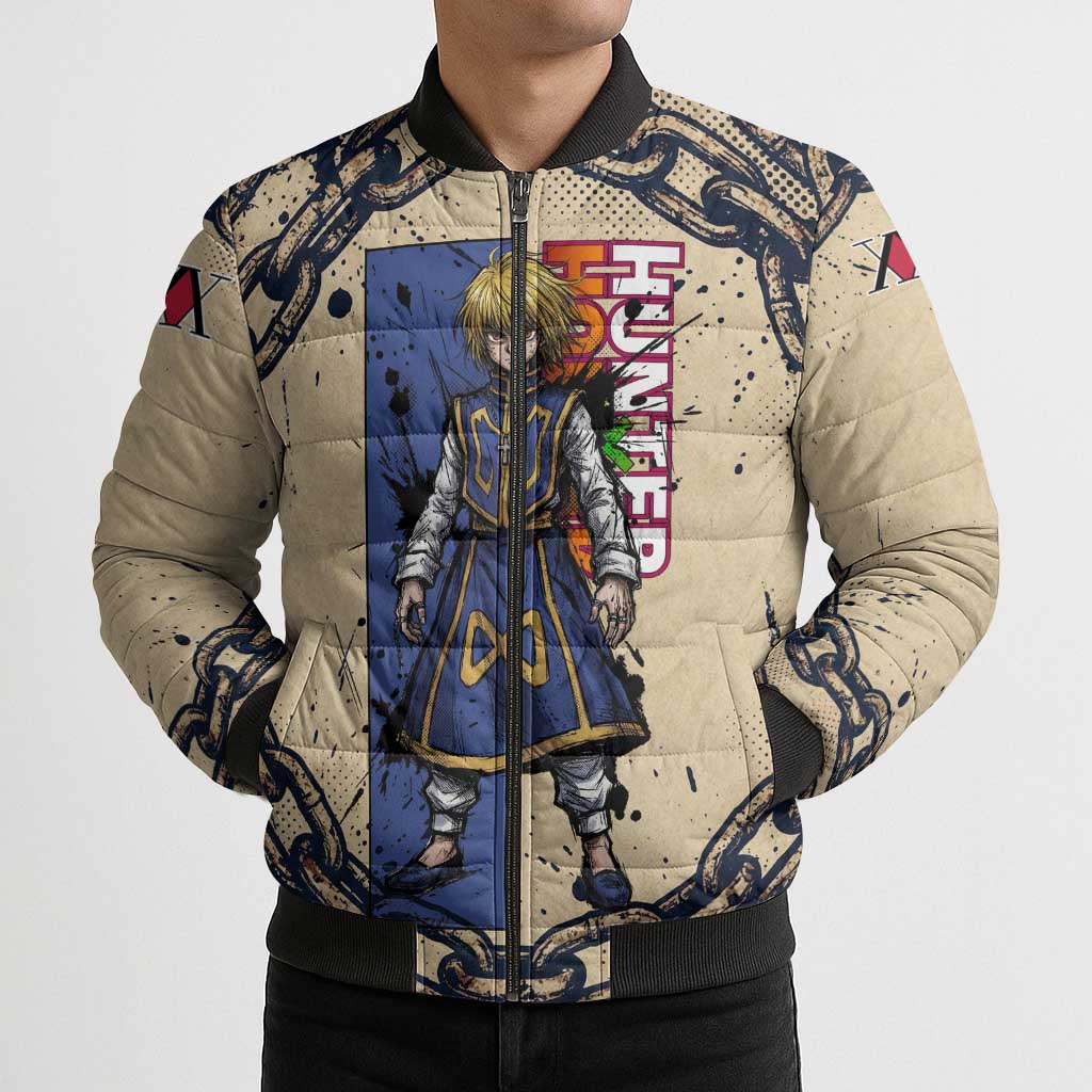 Kurapika Hunter x Hunter Chain Theme Bomber Puffer Jacket with Scarlet Eyes and Vintage Anime Artwork Design - The Mazicc
