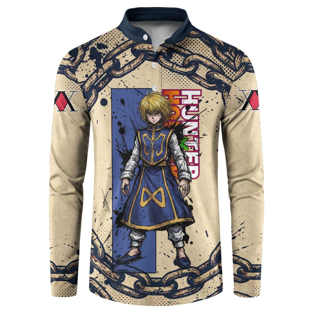 Kurapika Hunter x Hunter Chain Theme Button Sweatshirt with Scarlet Eyes and Vintage Anime Artwork Design - The Mazicc