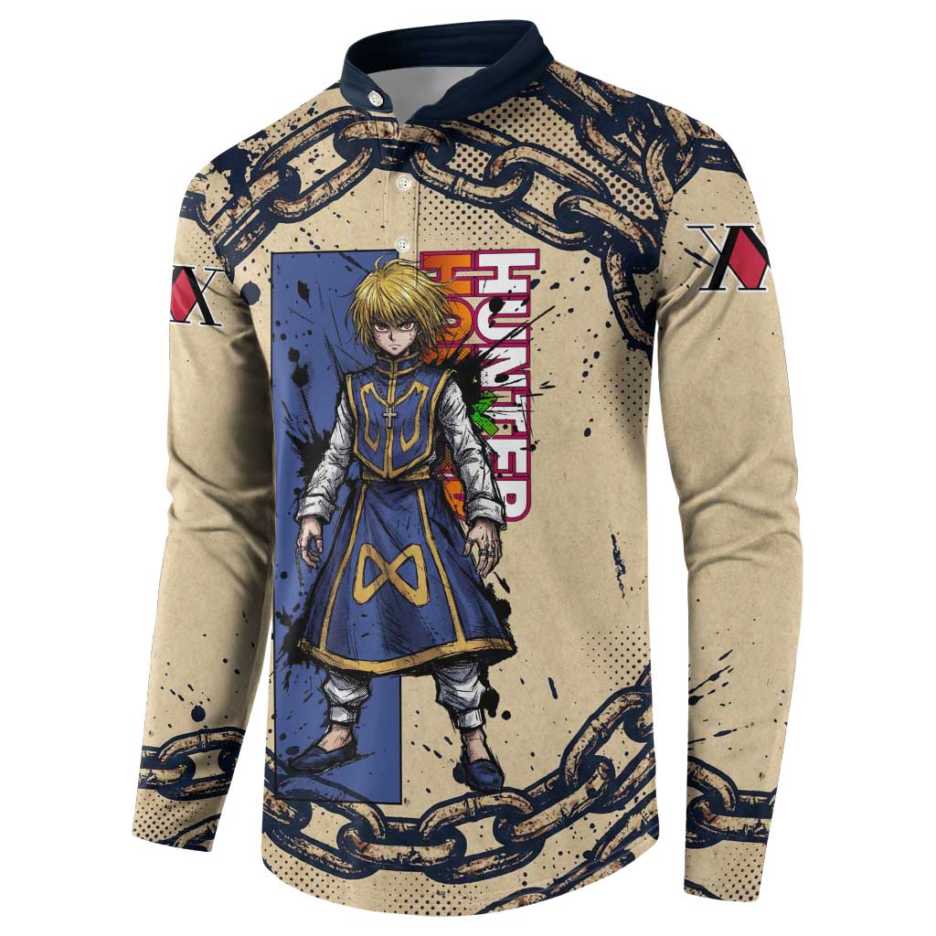 Kurapika Hunter x Hunter Chain Theme Button Sweatshirt with Scarlet Eyes and Vintage Anime Artwork Design - The Mazicc