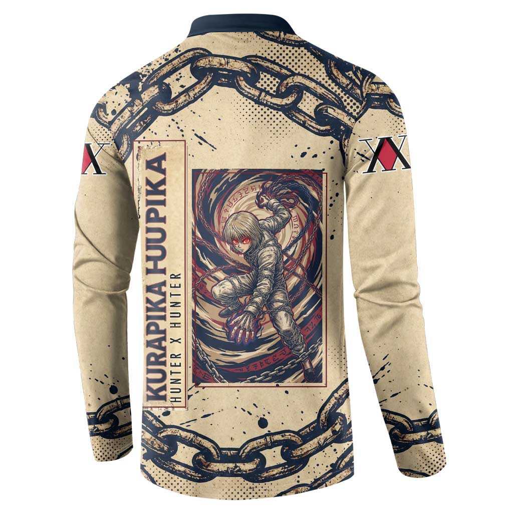 Kurapika Hunter x Hunter Chain Theme Button Sweatshirt with Scarlet Eyes and Vintage Anime Artwork Design - The Mazicc