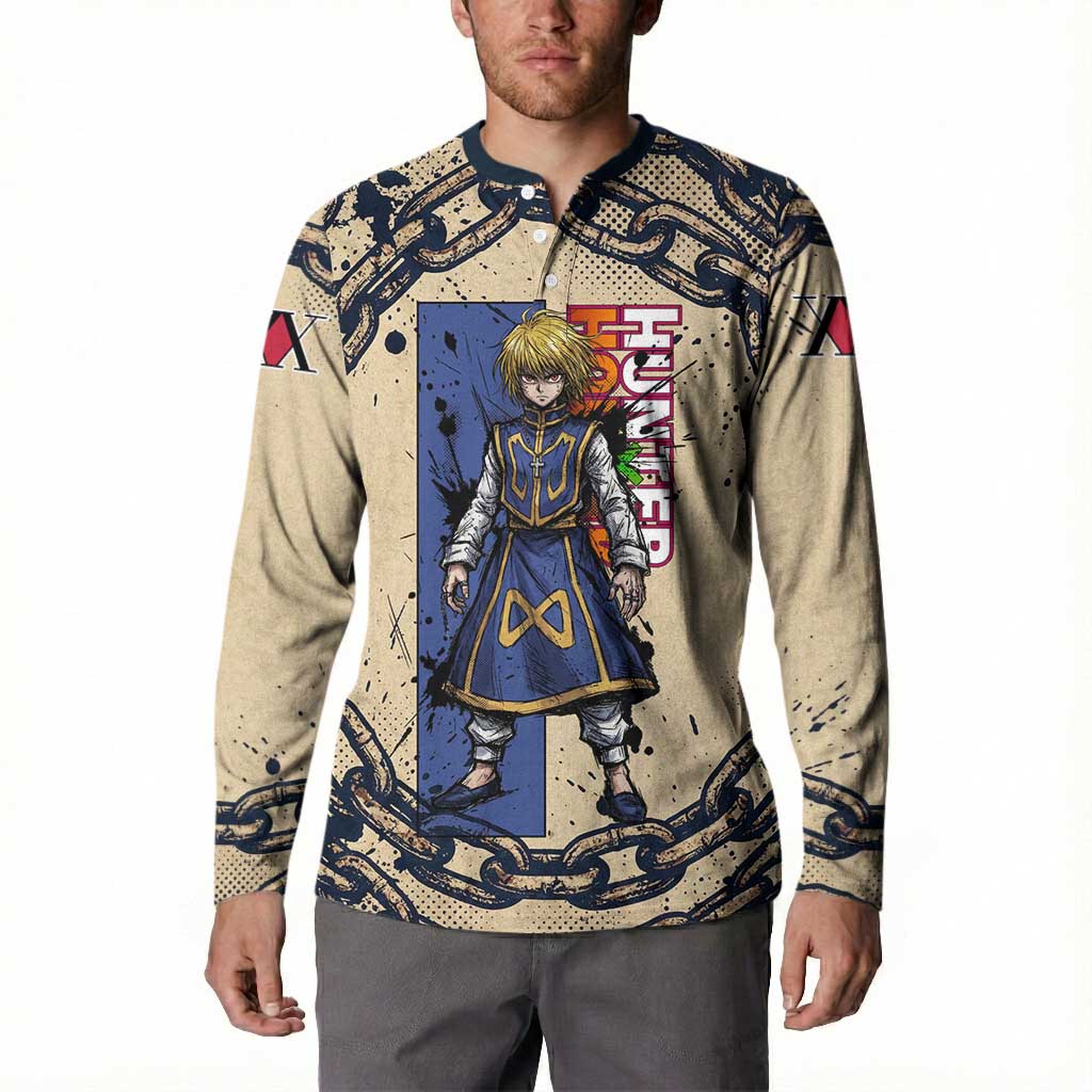 Kurapika Hunter x Hunter Chain Theme Button Sweatshirt with Scarlet Eyes and Vintage Anime Artwork Design - The Mazicc