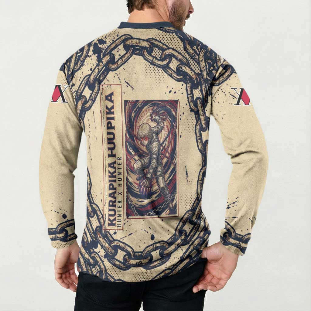 Kurapika Hunter x Hunter Chain Theme Button Sweatshirt with Scarlet Eyes and Vintage Anime Artwork Design - The Mazicc