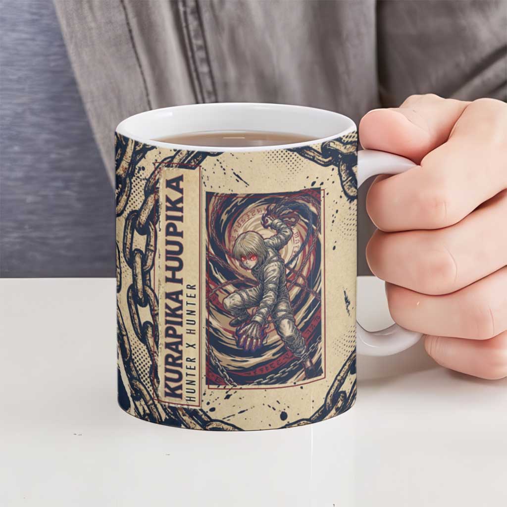 Kurapika Hunter x Hunter Chain Theme Ceramic Mug with Scarlet Eyes and Vintage Anime Artwork Design - The Mazicc