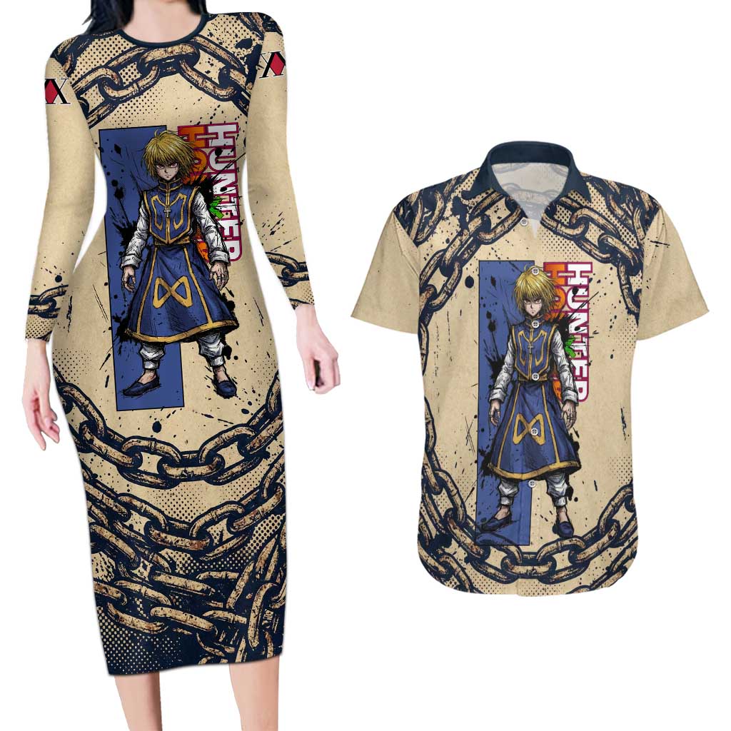 Kurapika Hunter x Hunter Chain Theme Couples Matching Long Sleeve Bodycon Dress and Hawaiian Shirt with Scarlet Eyes and Vintage Anime Artwork Design - The Mazicc