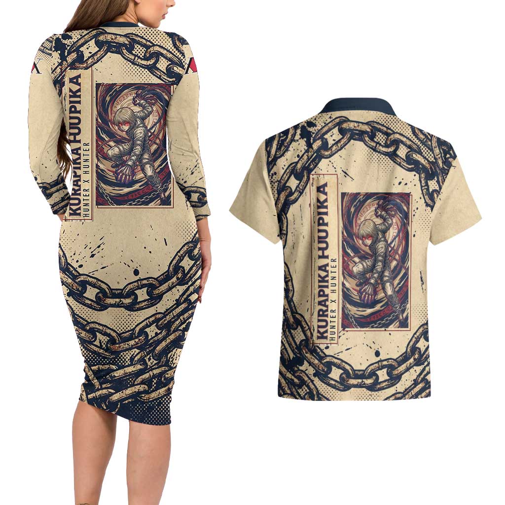 Kurapika Hunter x Hunter Chain Theme Couples Matching Long Sleeve Bodycon Dress and Hawaiian Shirt with Scarlet Eyes and Vintage Anime Artwork Design - The Mazicc