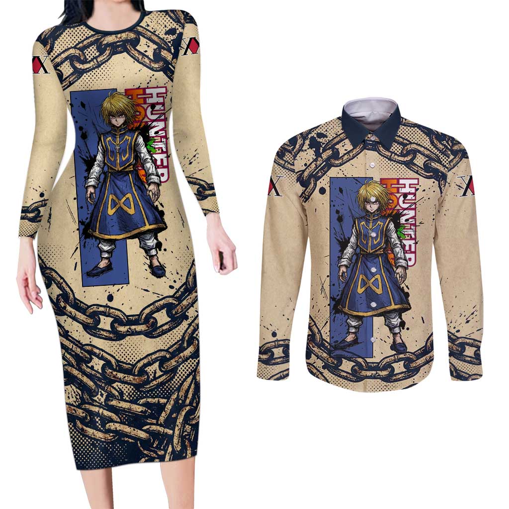 Kurapika Hunter x Hunter Chain Theme Couples Matching Long Sleeve Bodycon Dress and Long Sleeve Button Shirt with Scarlet Eyes and Vintage Anime Artwork Design - The Mazicc