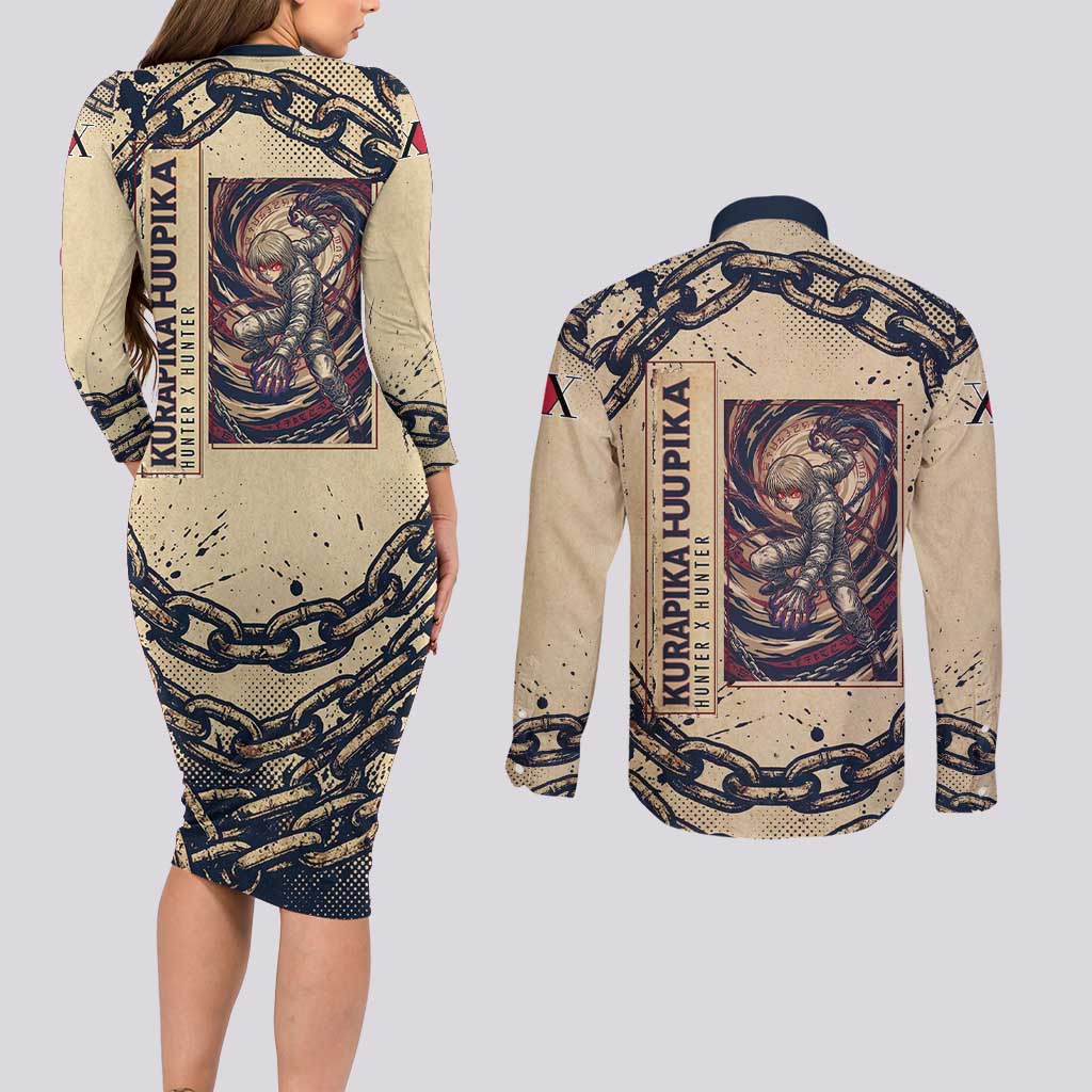 Kurapika Hunter x Hunter Chain Theme Couples Matching Long Sleeve Bodycon Dress and Long Sleeve Button Shirt with Scarlet Eyes and Vintage Anime Artwork Design - The Mazicc
