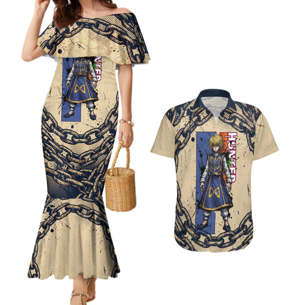 Kurapika Hunter x Hunter Chain Theme Couples Matching Mermaid Dress and Hawaiian Shirt with Scarlet Eyes and Vintage Anime Artwork Design - The Mazicc