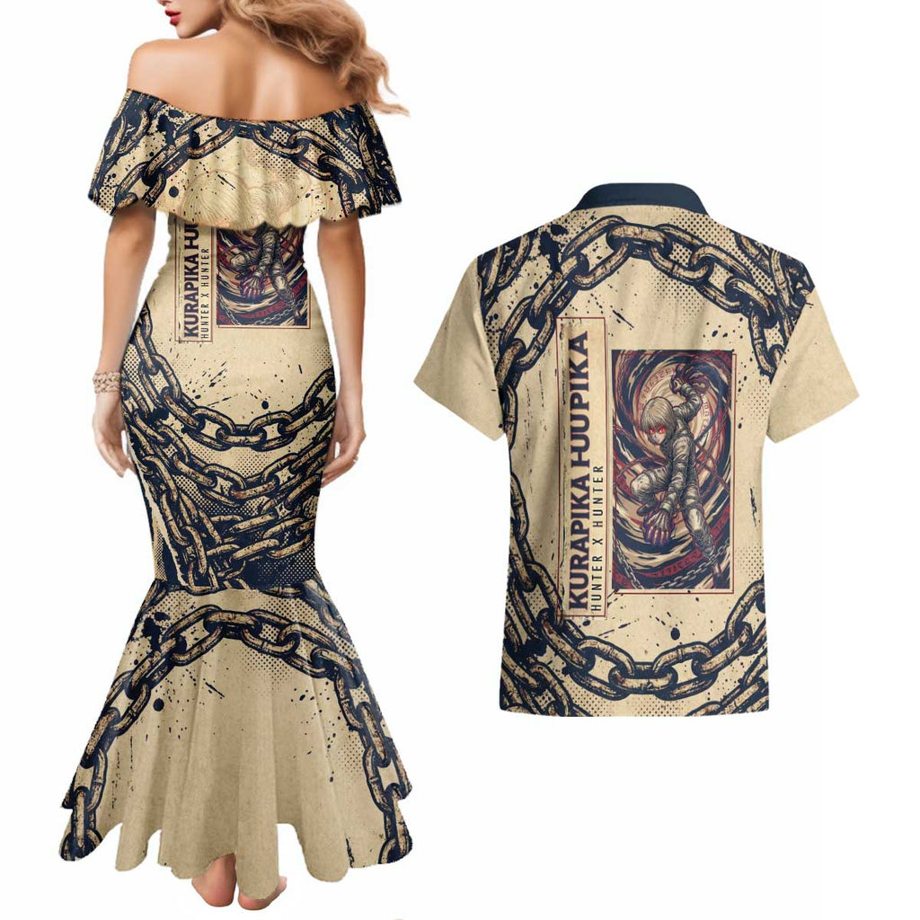 Kurapika Hunter x Hunter Chain Theme Couples Matching Mermaid Dress and Hawaiian Shirt with Scarlet Eyes and Vintage Anime Artwork Design - The Mazicc