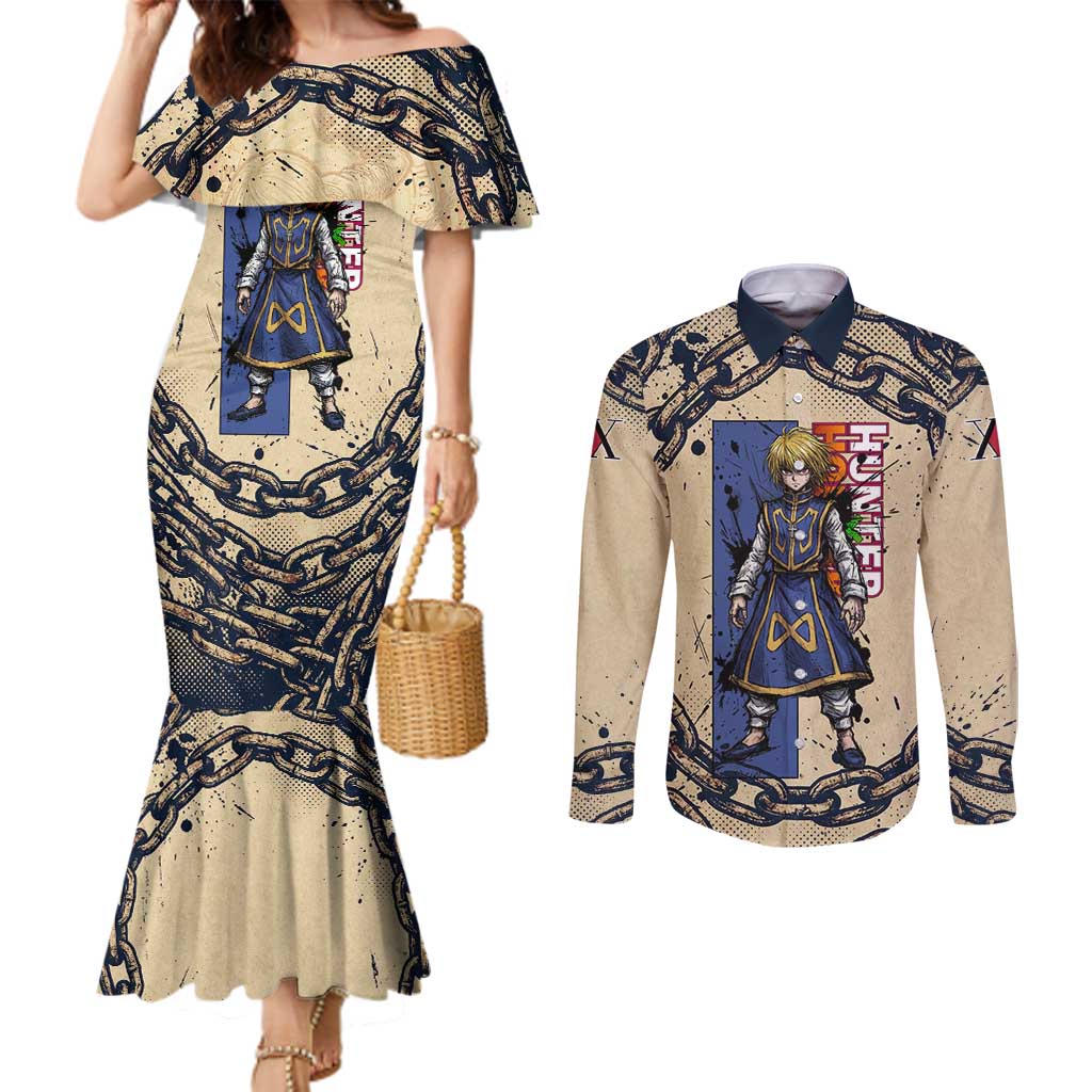 Kurapika Hunter x Hunter Chain Theme Couples Matching Mermaid Dress and Long Sleeve Button Shirt with Scarlet Eyes and Vintage Anime Artwork Design - The Mazicc