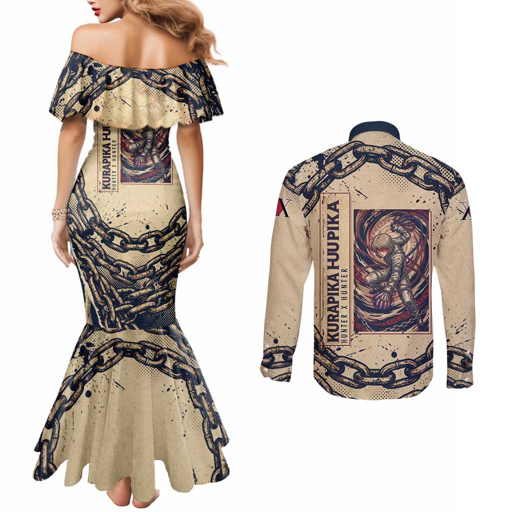 Kurapika Hunter x Hunter Chain Theme Couples Matching Mermaid Dress and Long Sleeve Button Shirt with Scarlet Eyes and Vintage Anime Artwork Design - The Mazicc
