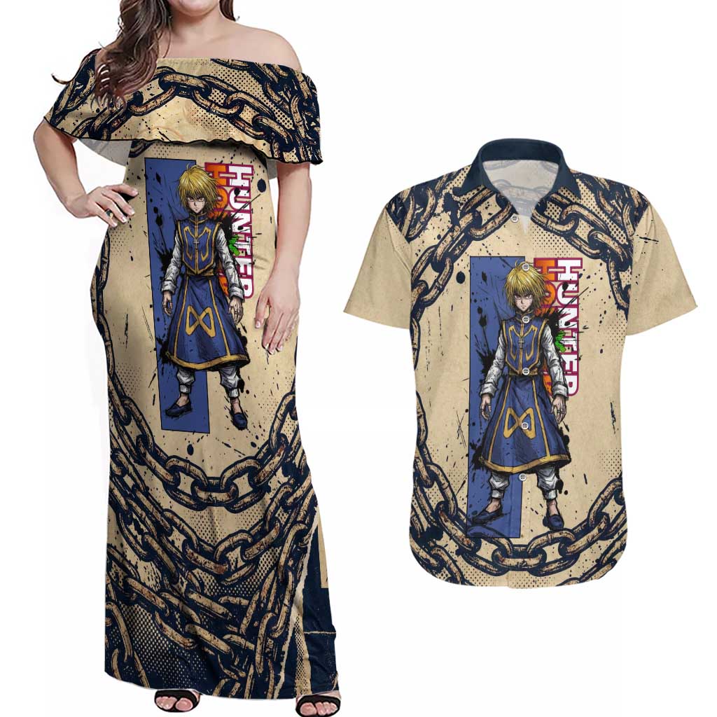 Kurapika Hunter x Hunter Chain Theme Couples Matching Off Shoulder Maxi Dress and Hawaiian Shirt with Scarlet Eyes and Vintage Anime Artwork Design - The Mazicc