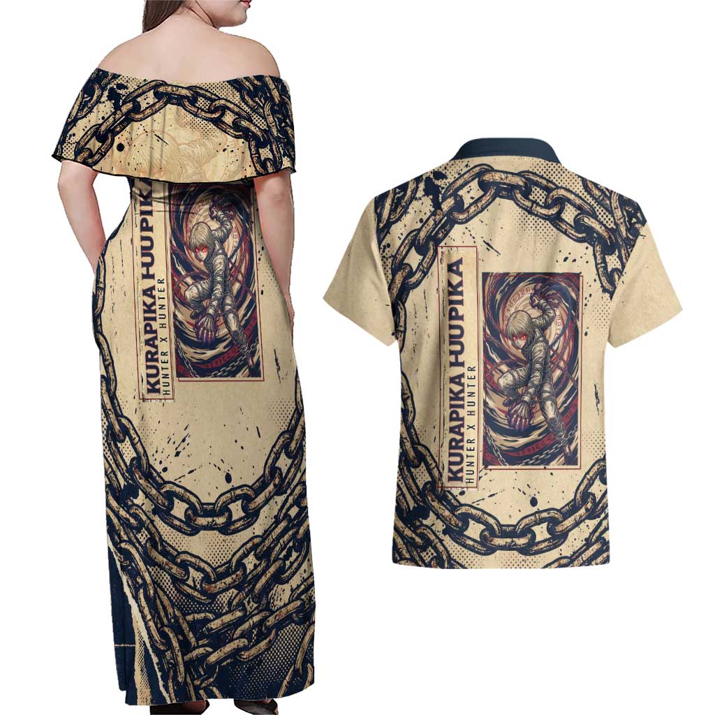 Kurapika Hunter x Hunter Chain Theme Couples Matching Off Shoulder Maxi Dress and Hawaiian Shirt with Scarlet Eyes and Vintage Anime Artwork Design - The Mazicc