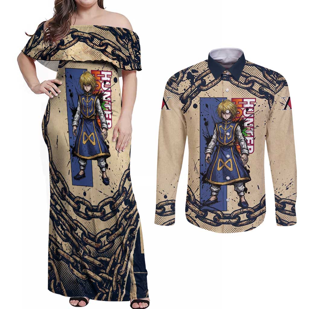 Kurapika Hunter x Hunter Chain Theme Couples Matching Off Shoulder Maxi Dress and Long Sleeve Button Shirt with Scarlet Eyes and Vintage Anime Artwork Design - The Mazicc