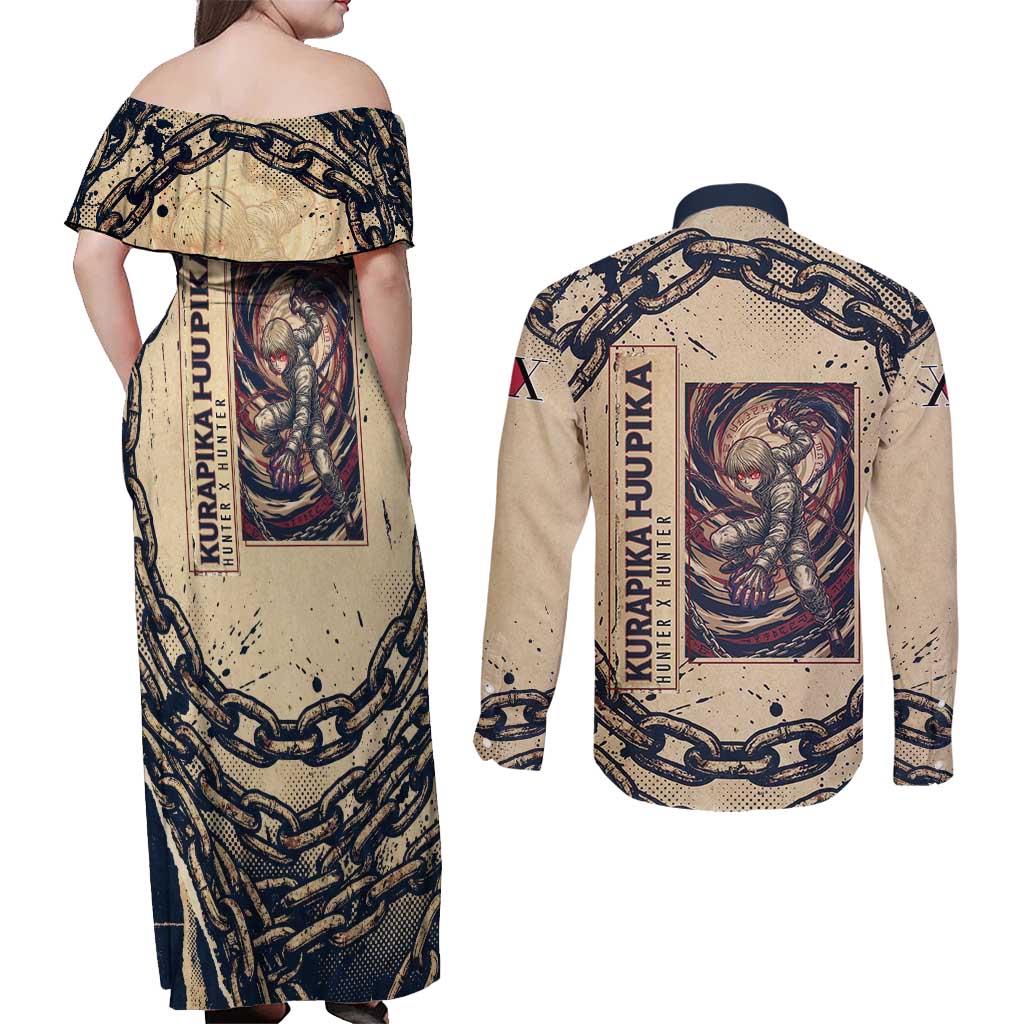 Kurapika Hunter x Hunter Chain Theme Couples Matching Off Shoulder Maxi Dress and Long Sleeve Button Shirt with Scarlet Eyes and Vintage Anime Artwork Design - The Mazicc