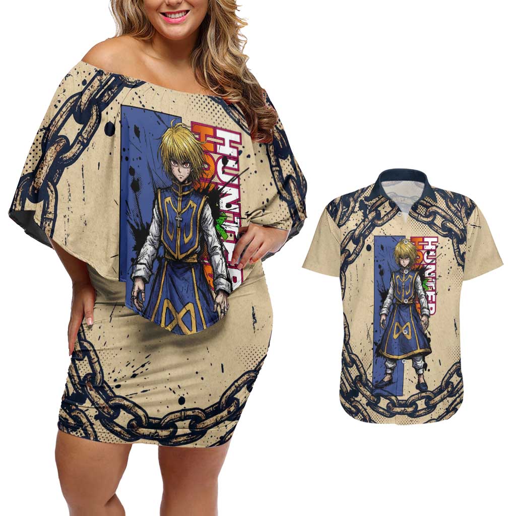 Kurapika Hunter x Hunter Chain Theme Couples Matching Off Shoulder Short Dress and Hawaiian Shirt with Scarlet Eyes and Vintage Anime Artwork Design - The Mazicc