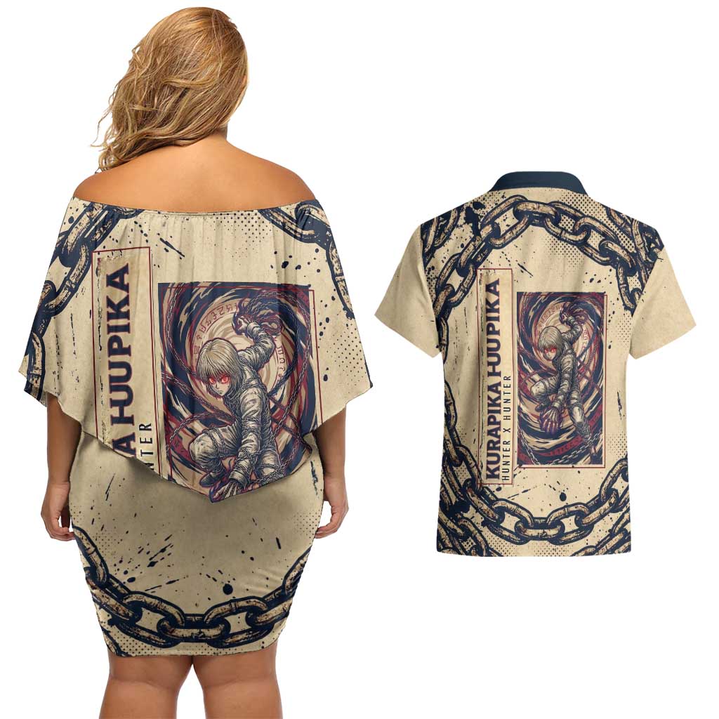Kurapika Hunter x Hunter Chain Theme Couples Matching Off Shoulder Short Dress and Hawaiian Shirt with Scarlet Eyes and Vintage Anime Artwork Design - The Mazicc