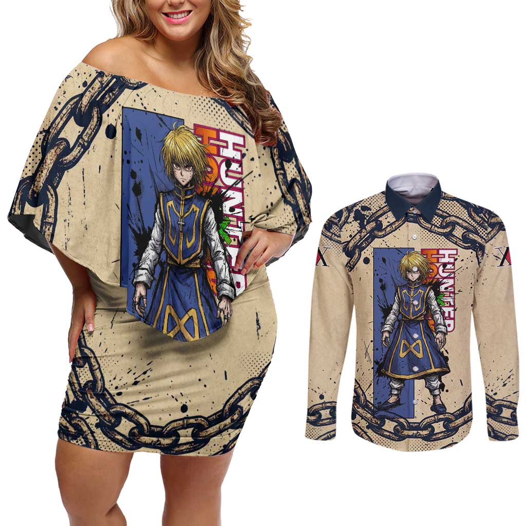Kurapika Hunter x Hunter Chain Theme Couples Matching Off Shoulder Short Dress and Long Sleeve Button Shirt with Scarlet Eyes and Vintage Anime Artwork Design - The Mazicc
